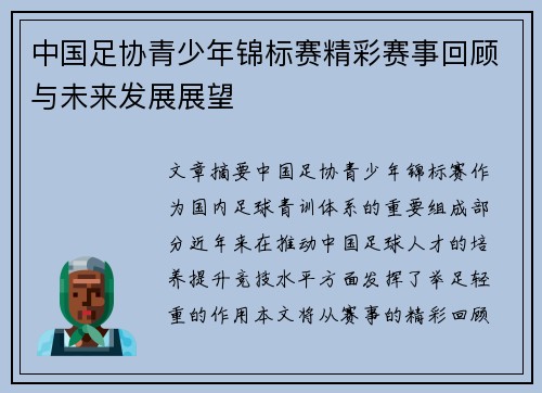 中国足协青少年锦标赛精彩赛事回顾与未来发展展望